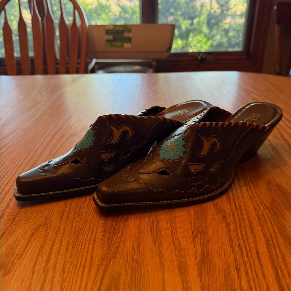 SO Brown Faux Leather Mules with Turquoise Accents